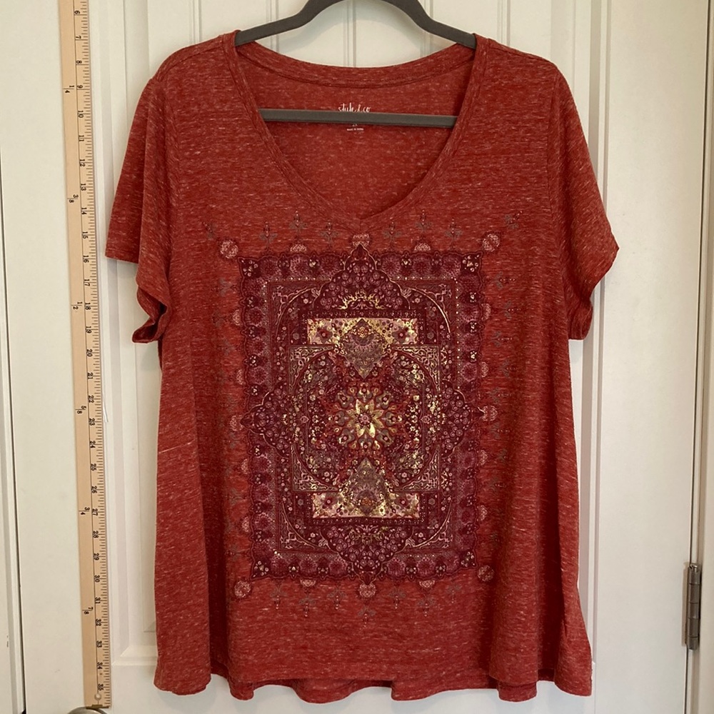 Bohemian, Metallic accented V-Neck, Swing, T-Shirt